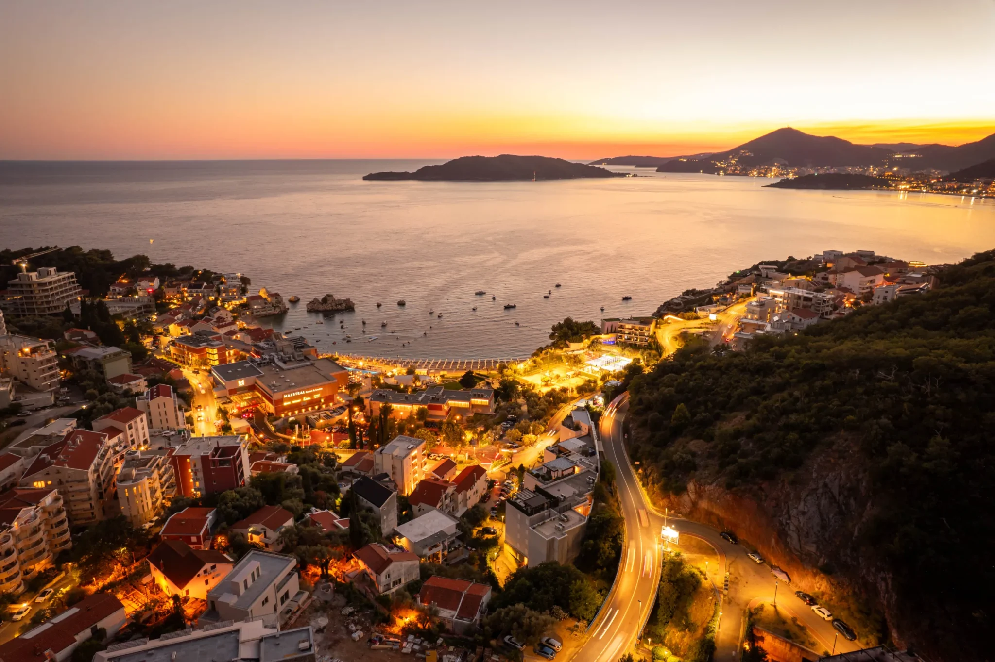 Panoramic sunset view over the Adriatic coast from Villa Antares